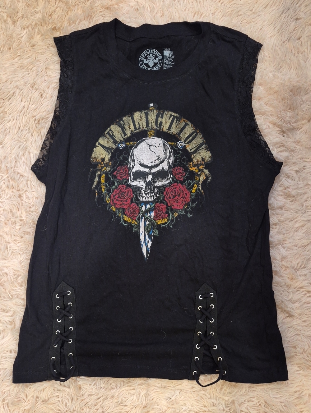 Affliction Black Graphic Skull & Red Rose Lace-Trim Tank